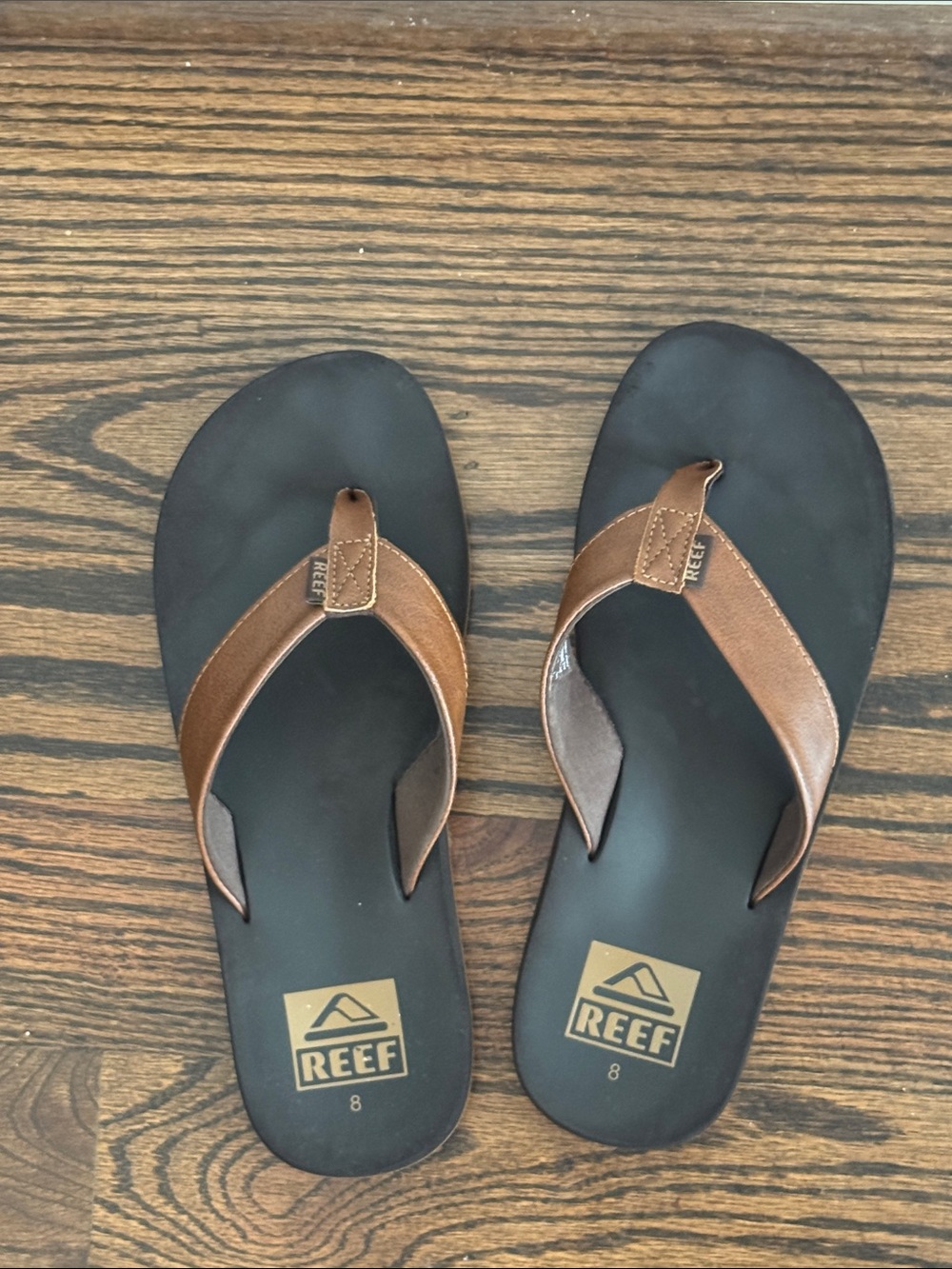 Reef Men’s Brown Leather-Style Strap Flip-Flops with Black Footbeds